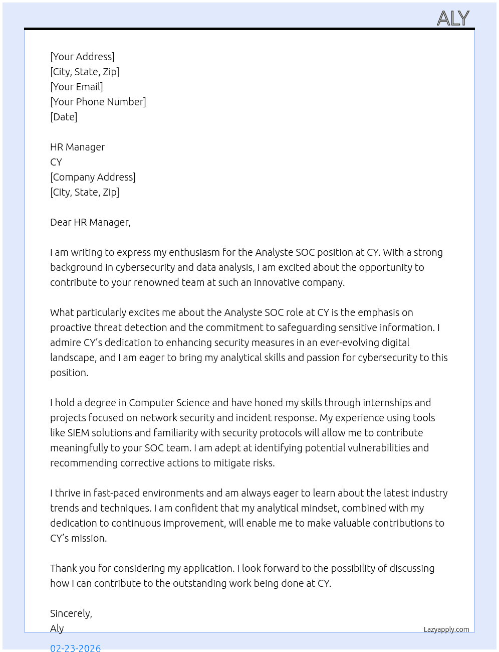 analyste SOC At cy  Cover Letter