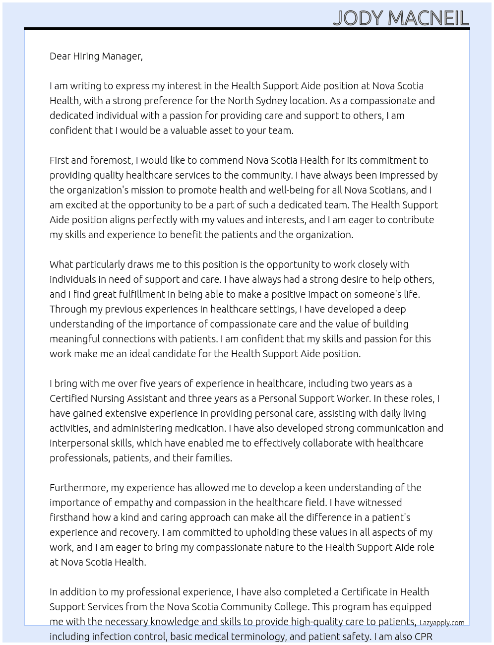 Health Support Aide At Nova Scotia Health Cover Letter