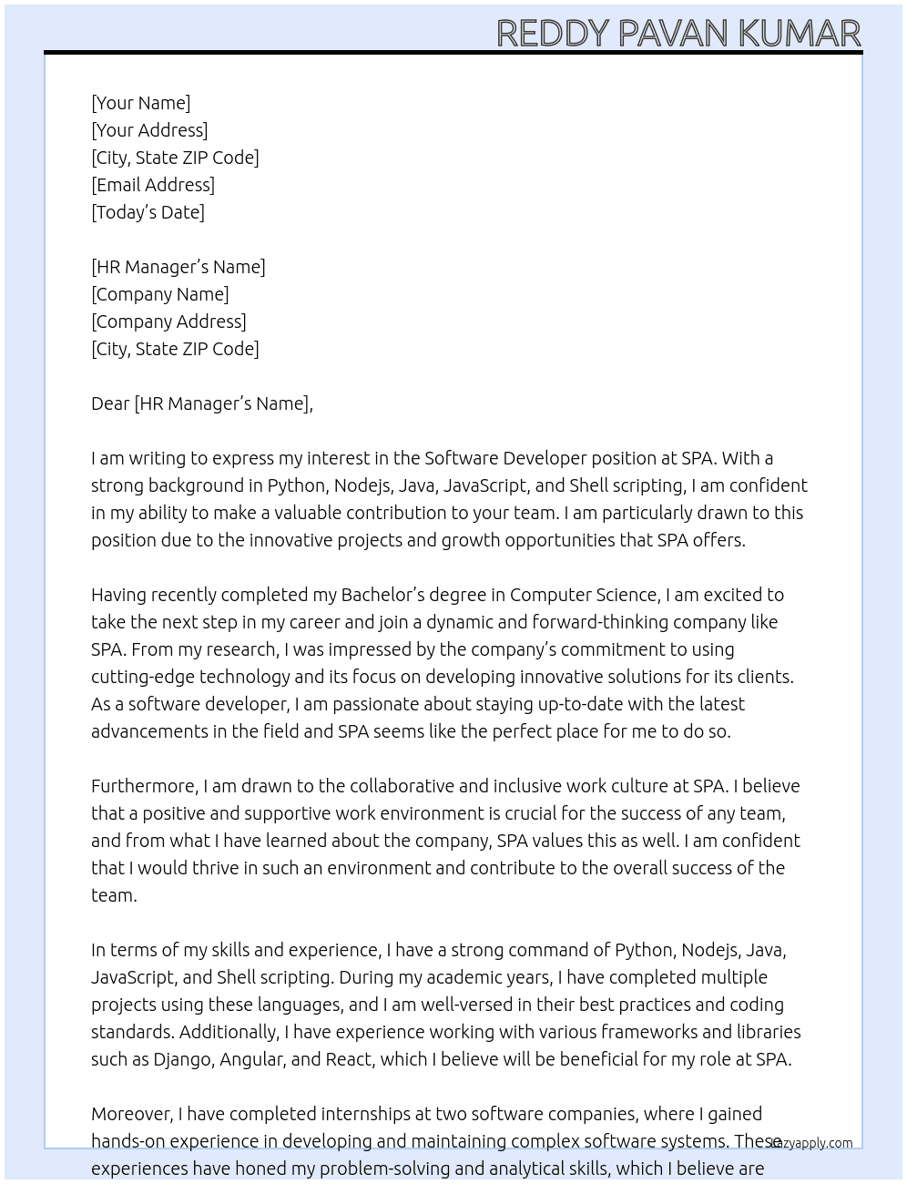 Software developer At SPA Cover Letter