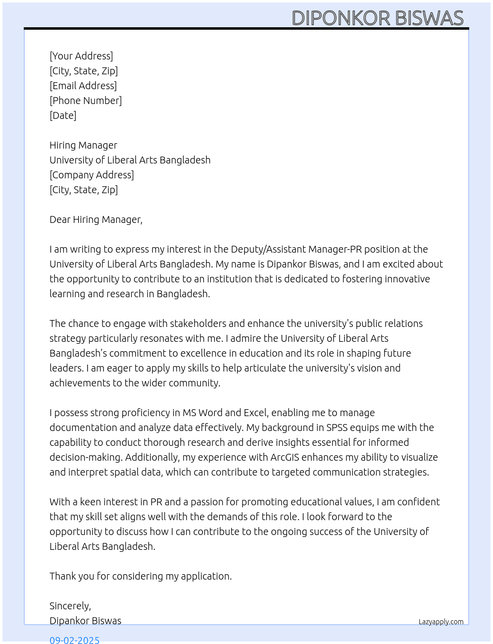 Deputy/Assistant manager-PR  At University of Liberal Arts Bangladesh  Cover Letter
