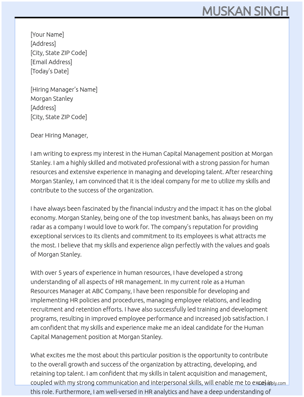 Human Capital Management At Morgan Stanley Cover Letter