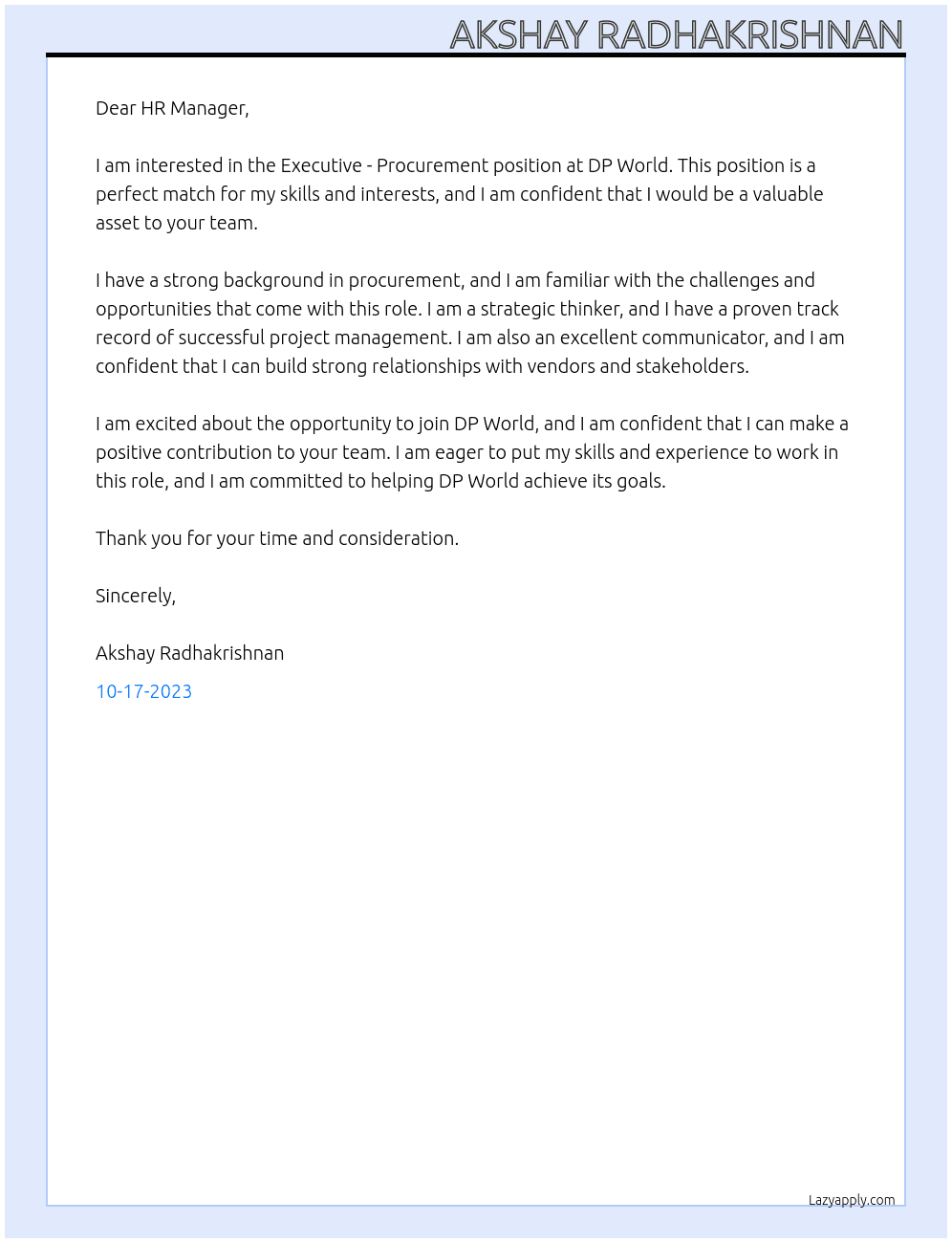 EXECUTIVE - PROCUREMENT At DP WORLD  Cover Letter