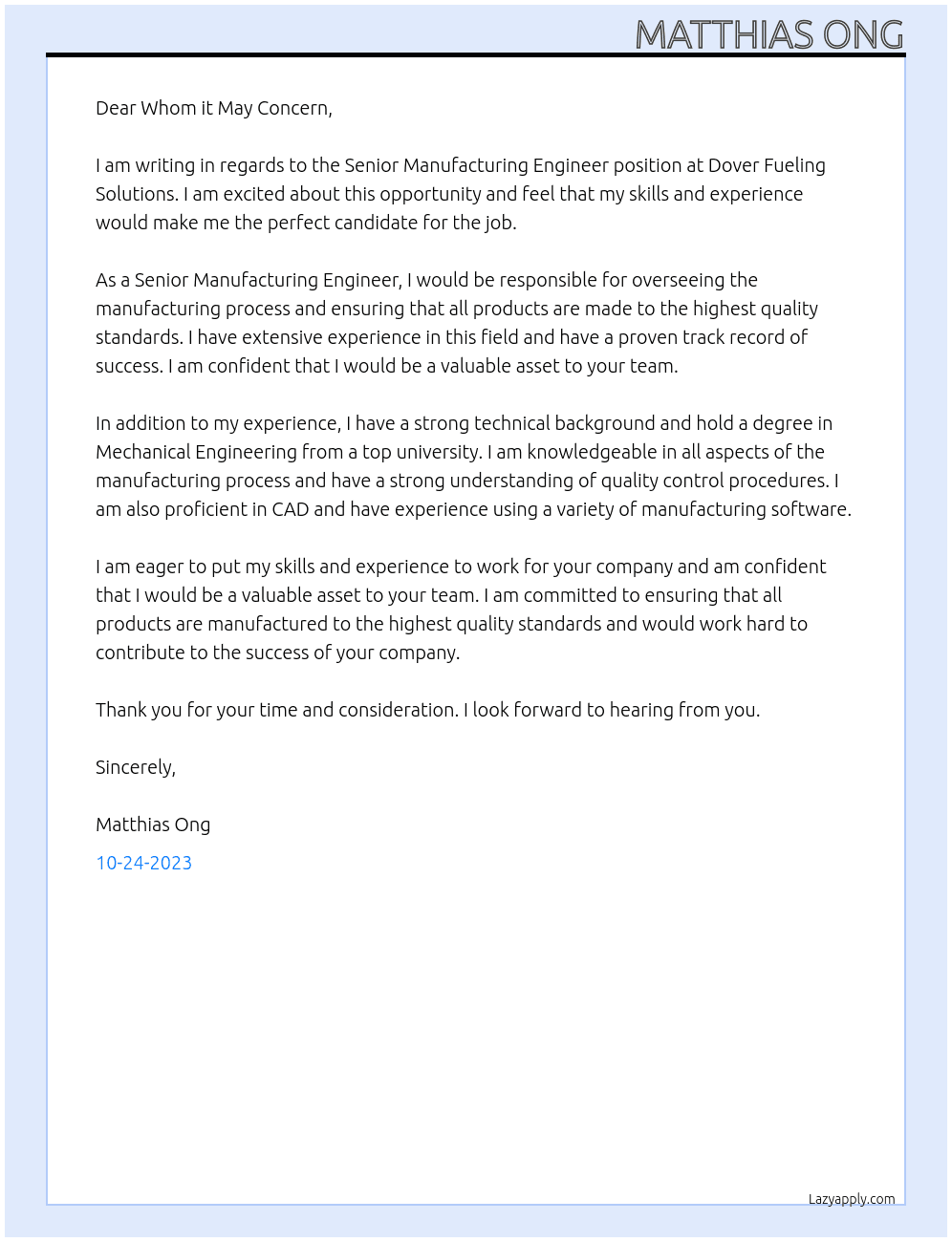 Senior Manufacturing Engineer At Dover Fueling Solutions Cover Letter