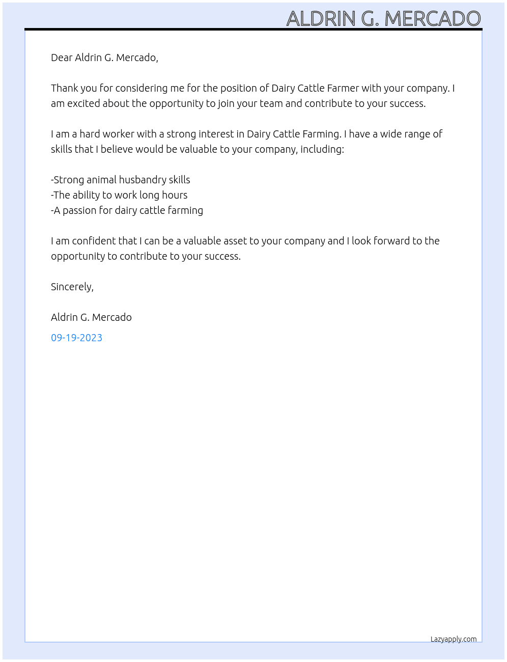 DAIRY CATTLE FARMER At Aldrin G. Mercado Cover Letter