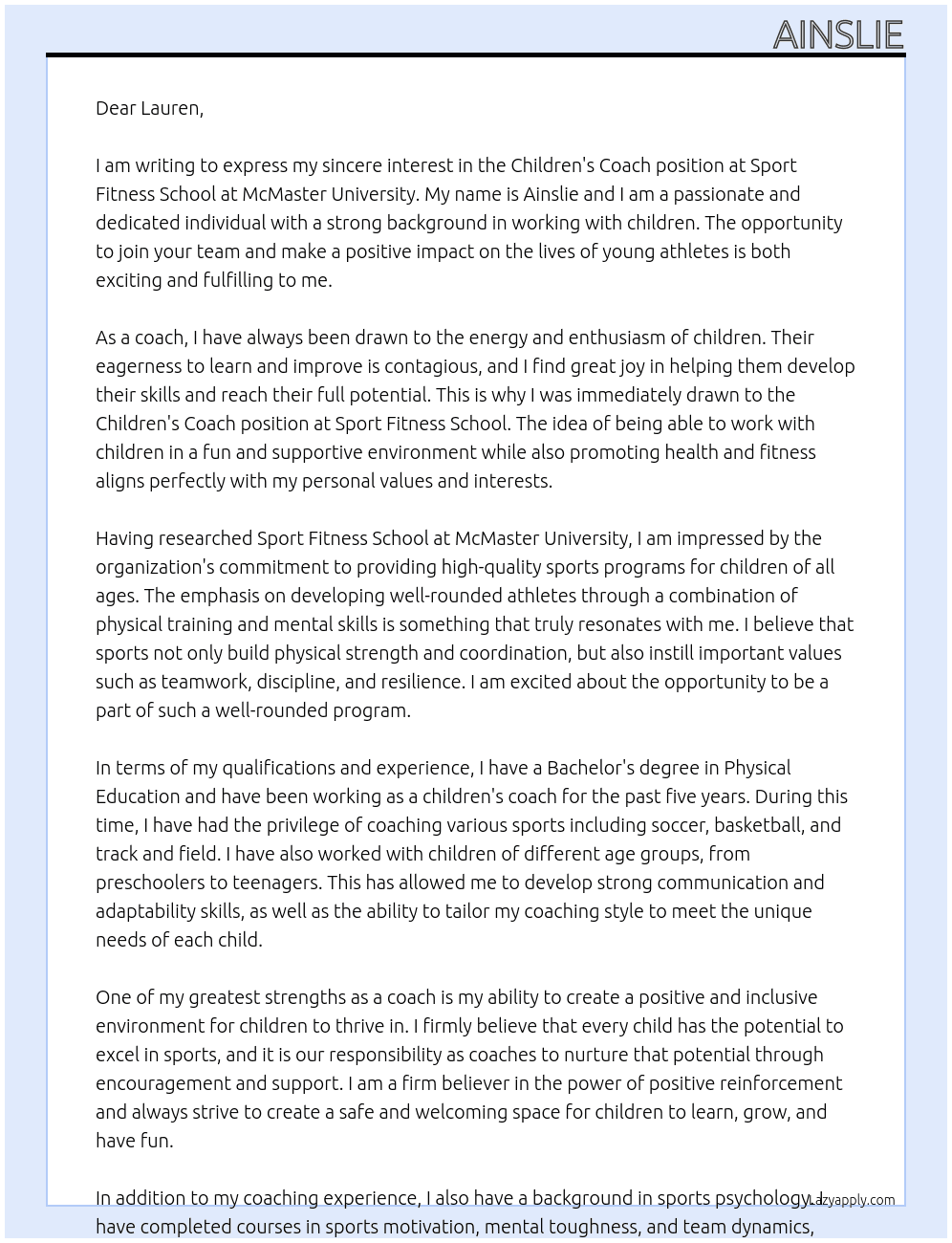 Children's Coach At Sport Fitness School at McMaster University  Cover Letter