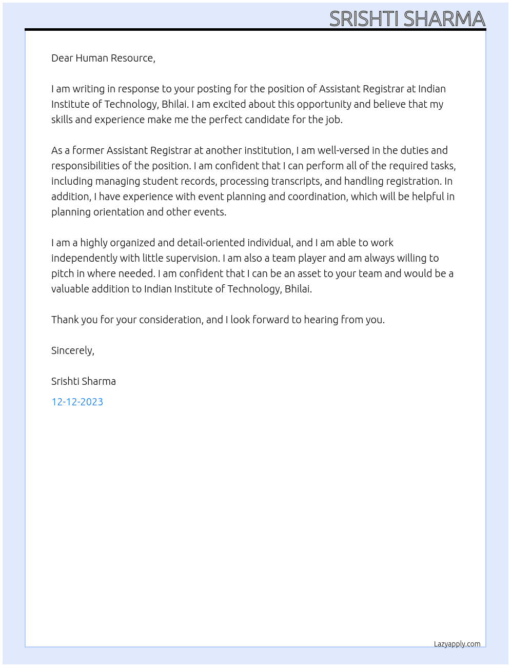 Assistant Registrar At Indian Institute of Technology, Bhilai Cover Letter