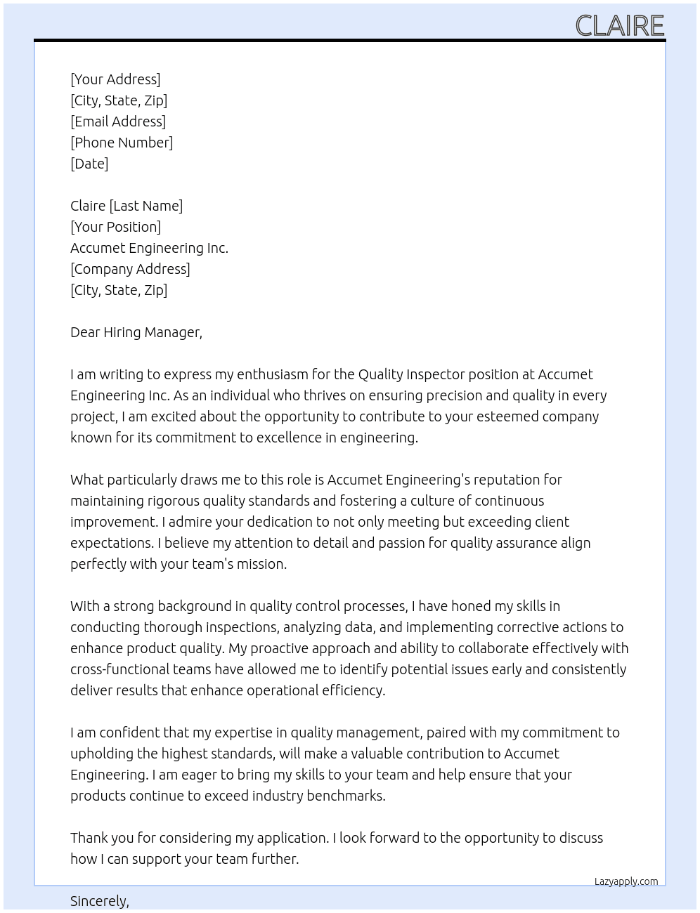 quality inspector At Accumet engineering inc Cover Letter