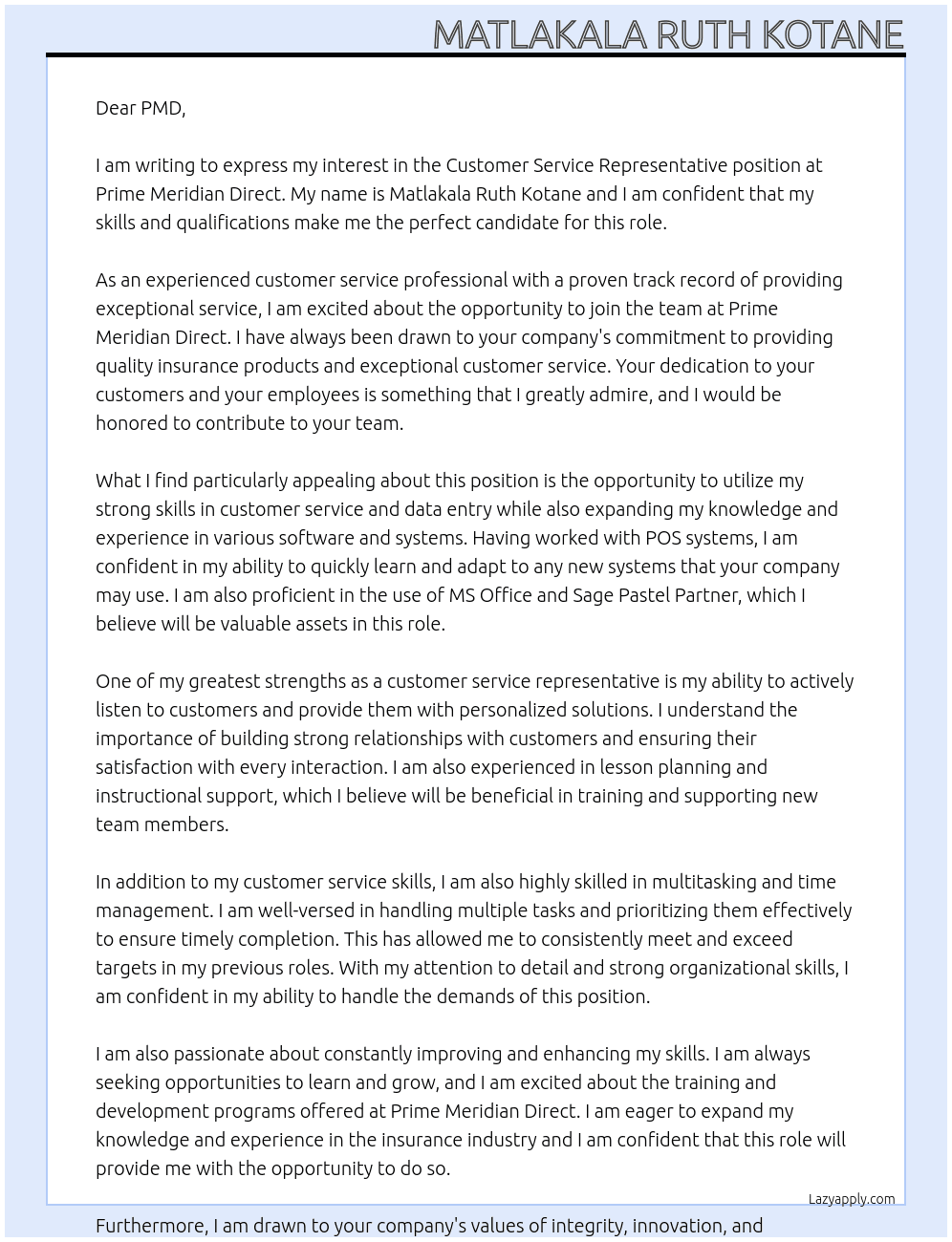 Customer Service Representative At Prime Meridian Direct Cover Letter