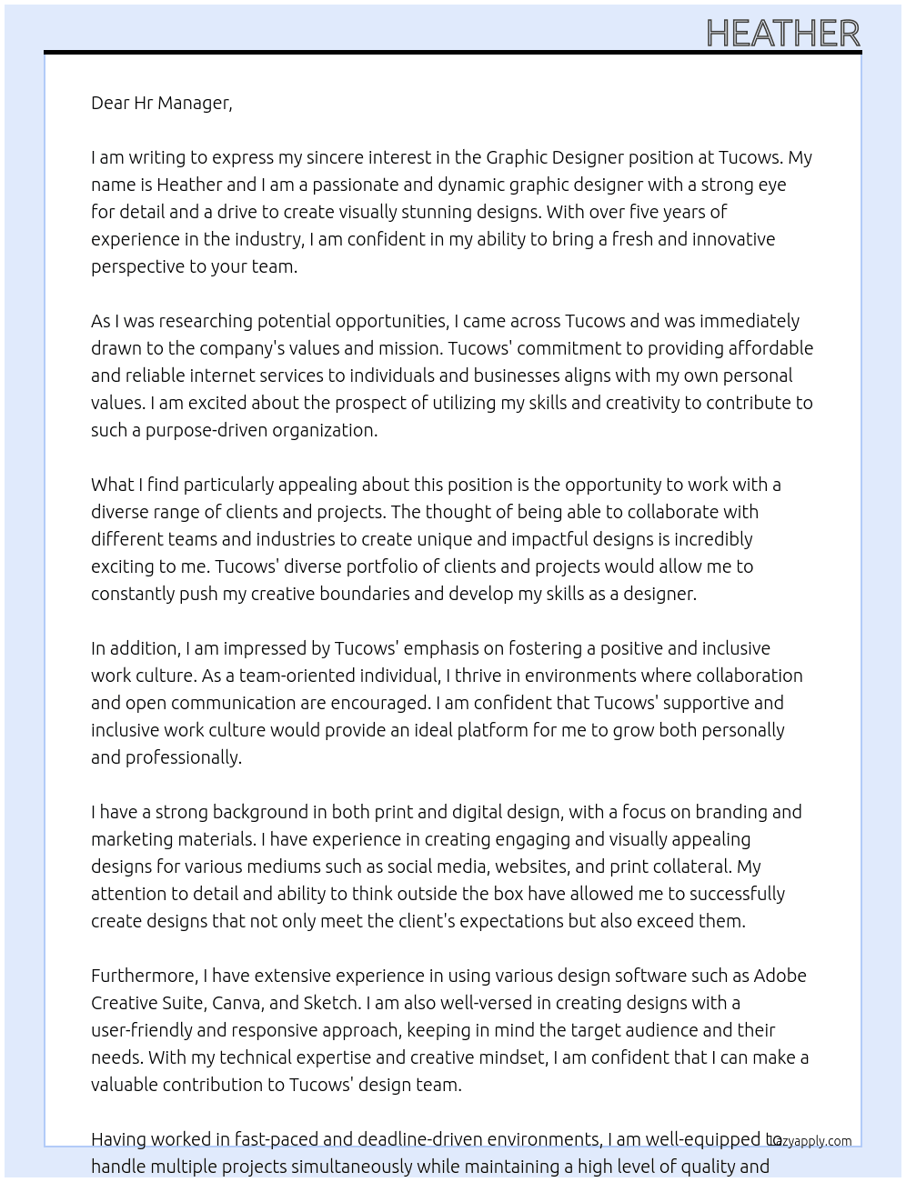 Graphic Designer At Tucows Cover Letter