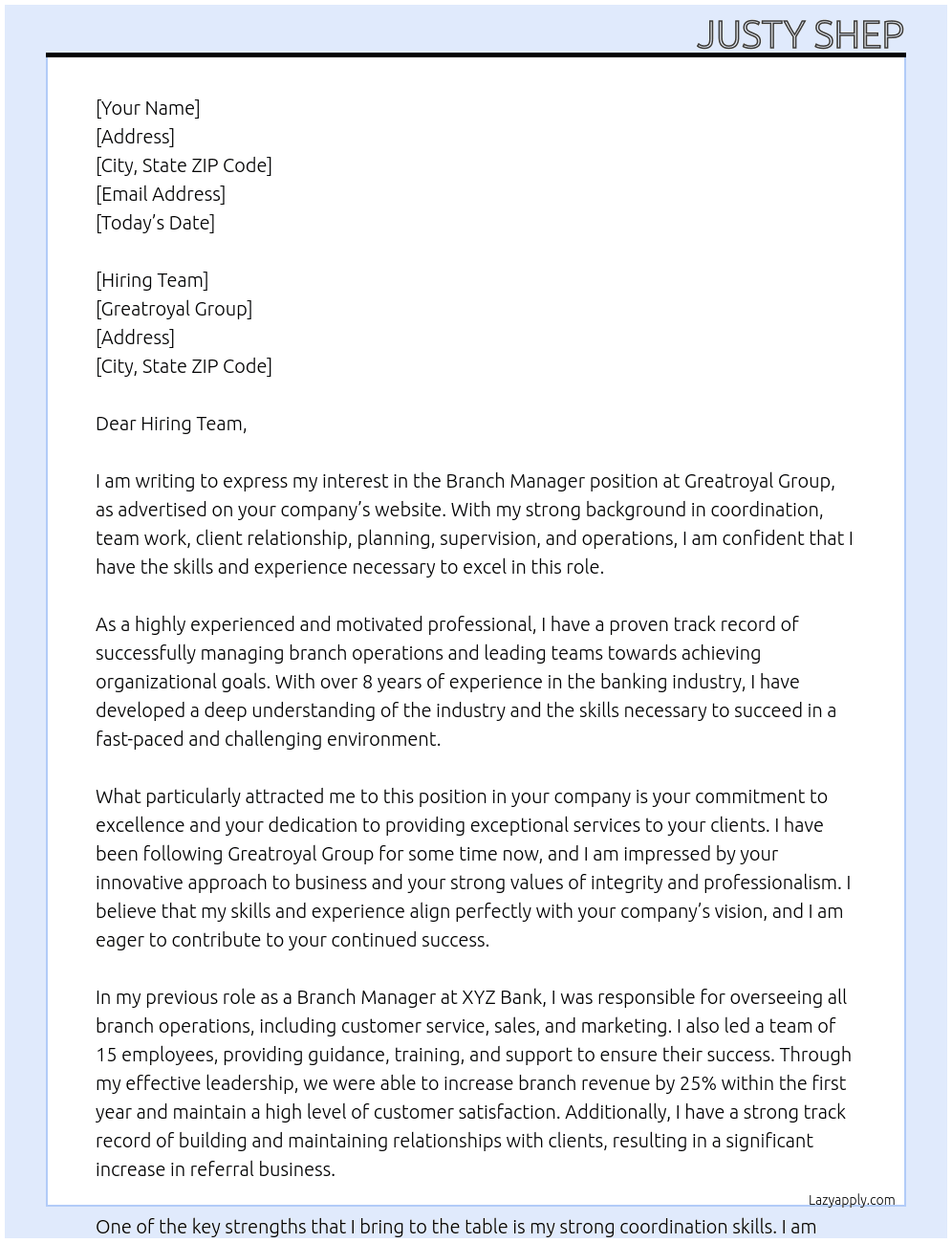 Branch Manager At Greatroyal Group Cover Letter