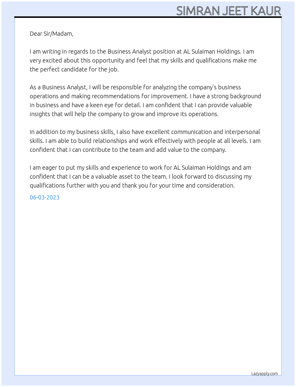 Business Analyst At AL Sulaiman Holdings Cover Letter