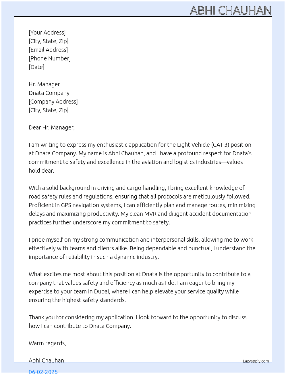 Light Vehicle (CAT 3)  At Dnata Company Cover Letter