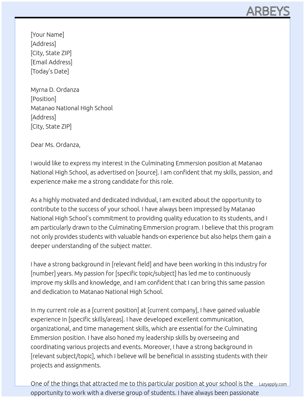 Cover letter for culminating emmersion - LazyApply