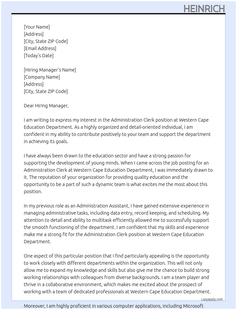 ADMINISTRATION CLERK At Western Cape Education Department  Cover Letter