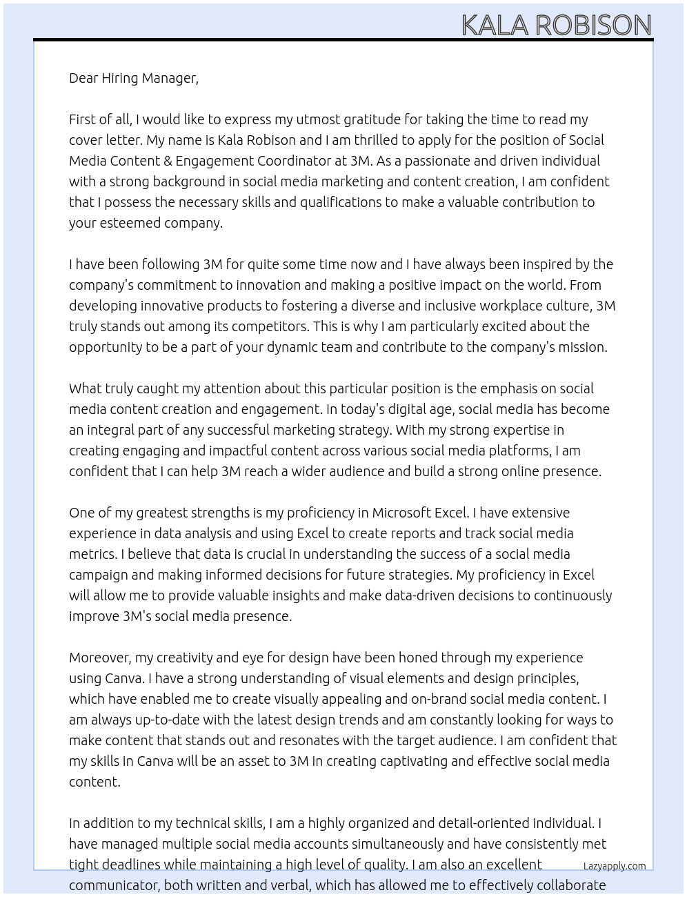 Social Media Content & Engagement Coordinator At 3M Cover Letter
