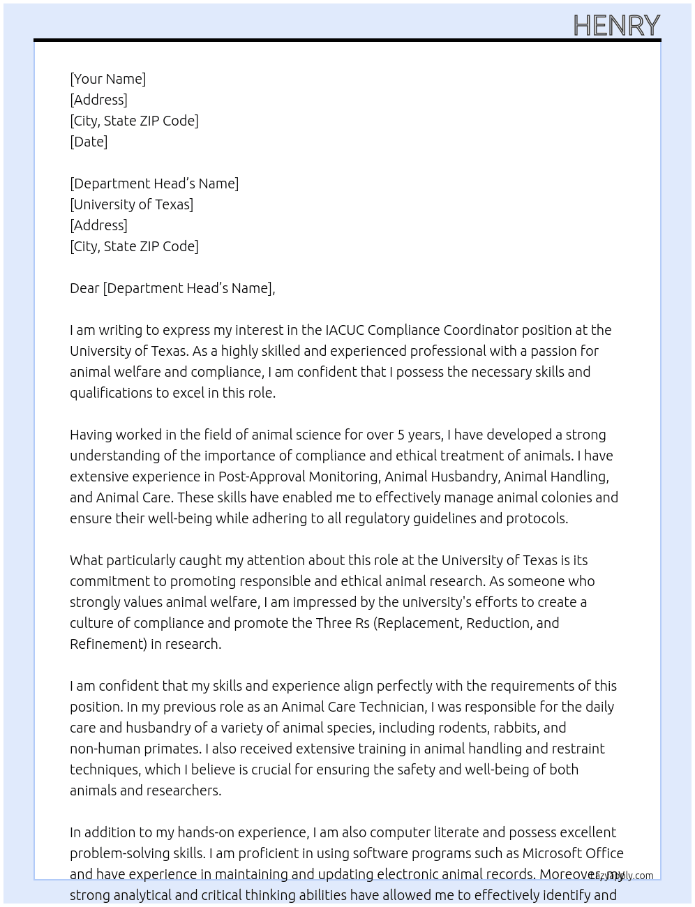 IACUC Compliance Coordinator At university of texas Cover Letter
