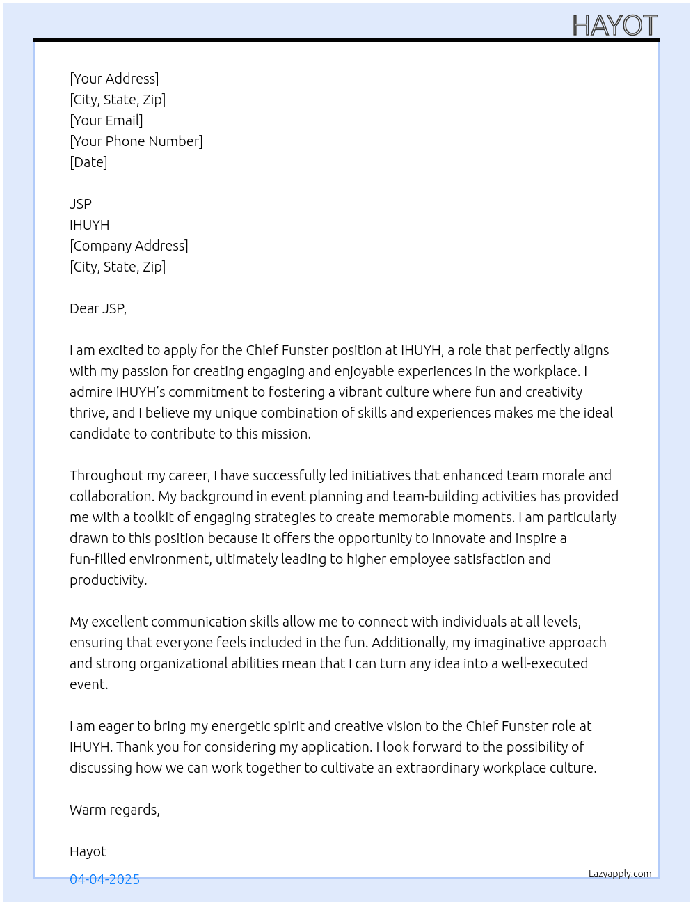 CHIEF FUNSTER At IHUYH Cover Letter
