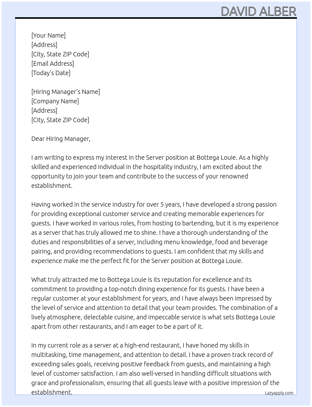 Server At Bottega Louie Cover Letter