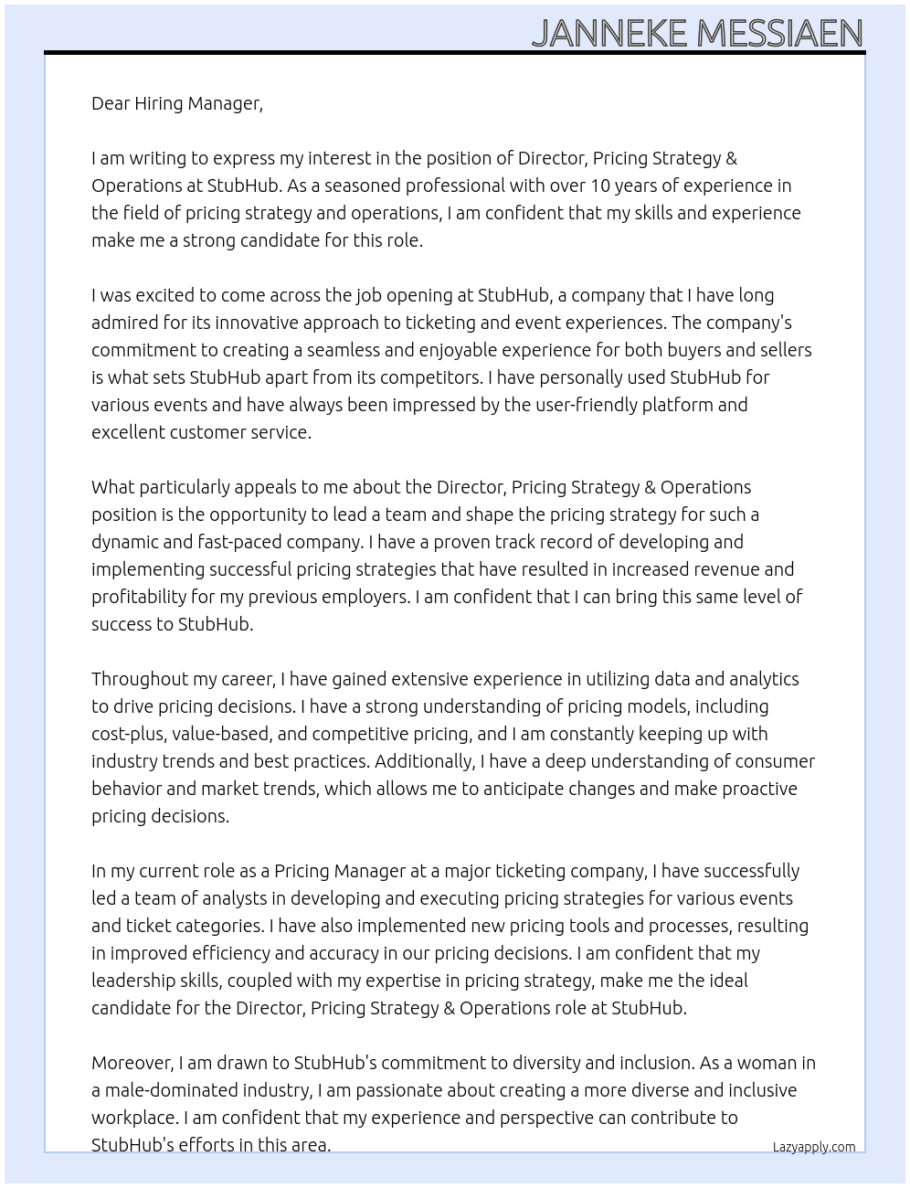 Director, Pricing Strategy & Operations At StubHub Cover Letter