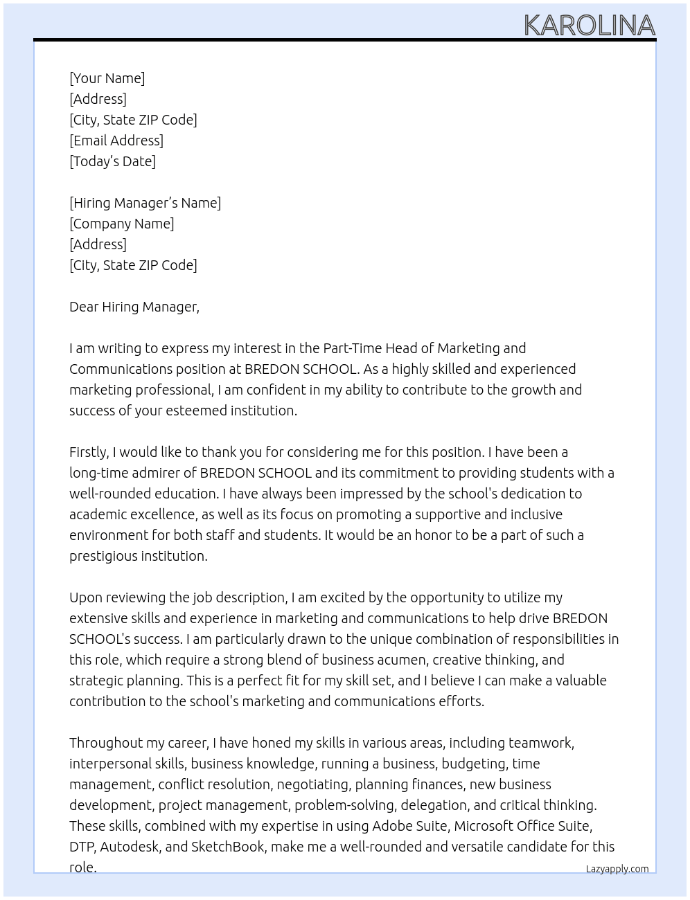 Part-Time Head of Marketing and Communications At BREDON SCHOOL Cover Letter