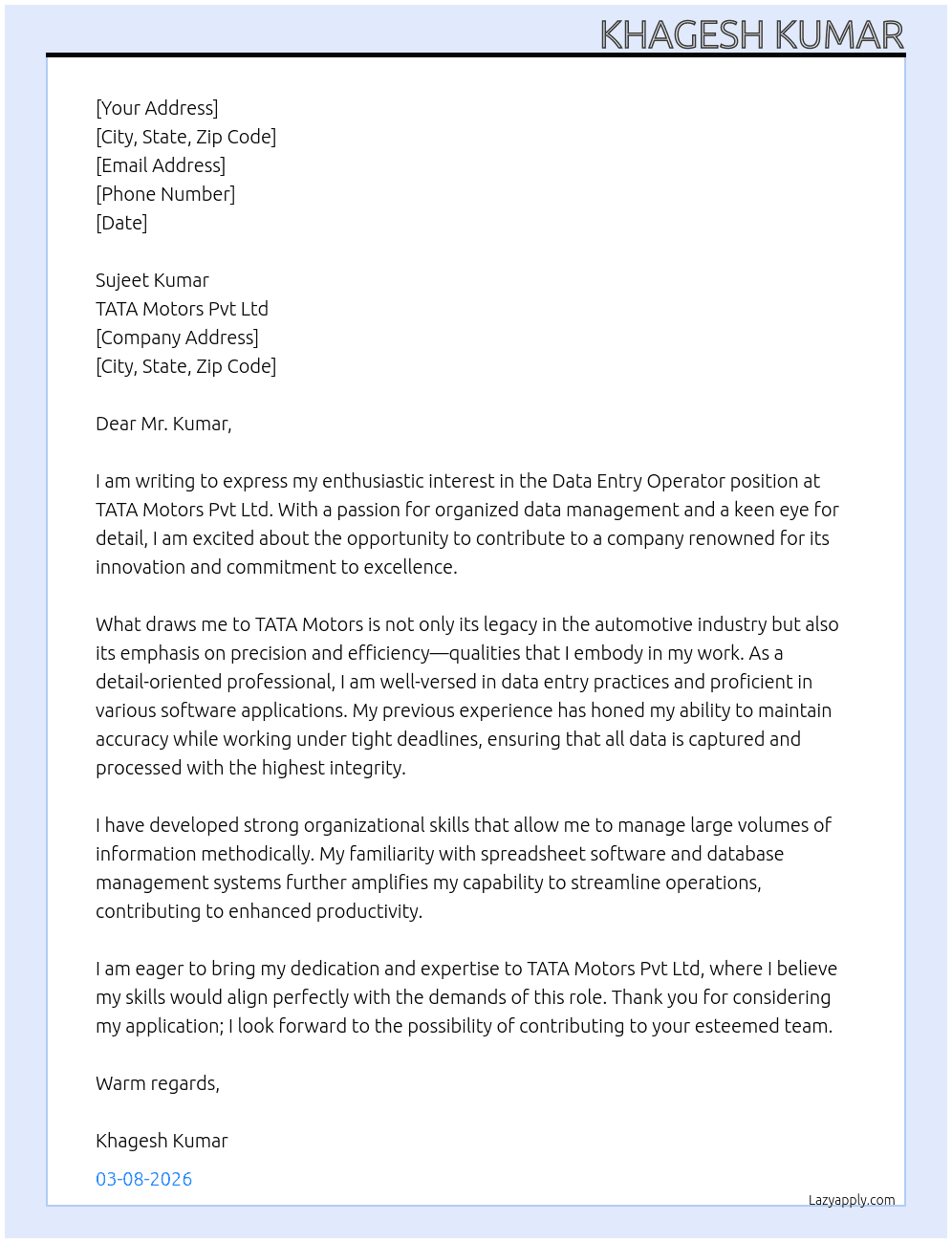 Data entry operator At TATA Motors Pvt Ltd  Cover Letter