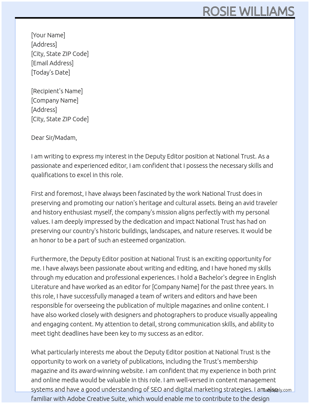 Deputy Editor At National Trust Cover Letter