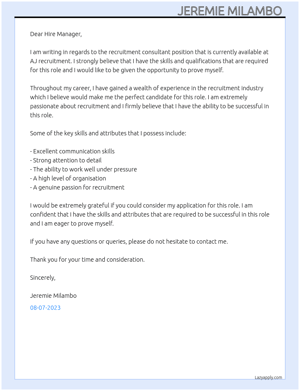 Recruitment consultant  At AJ recruitment  Cover Letter