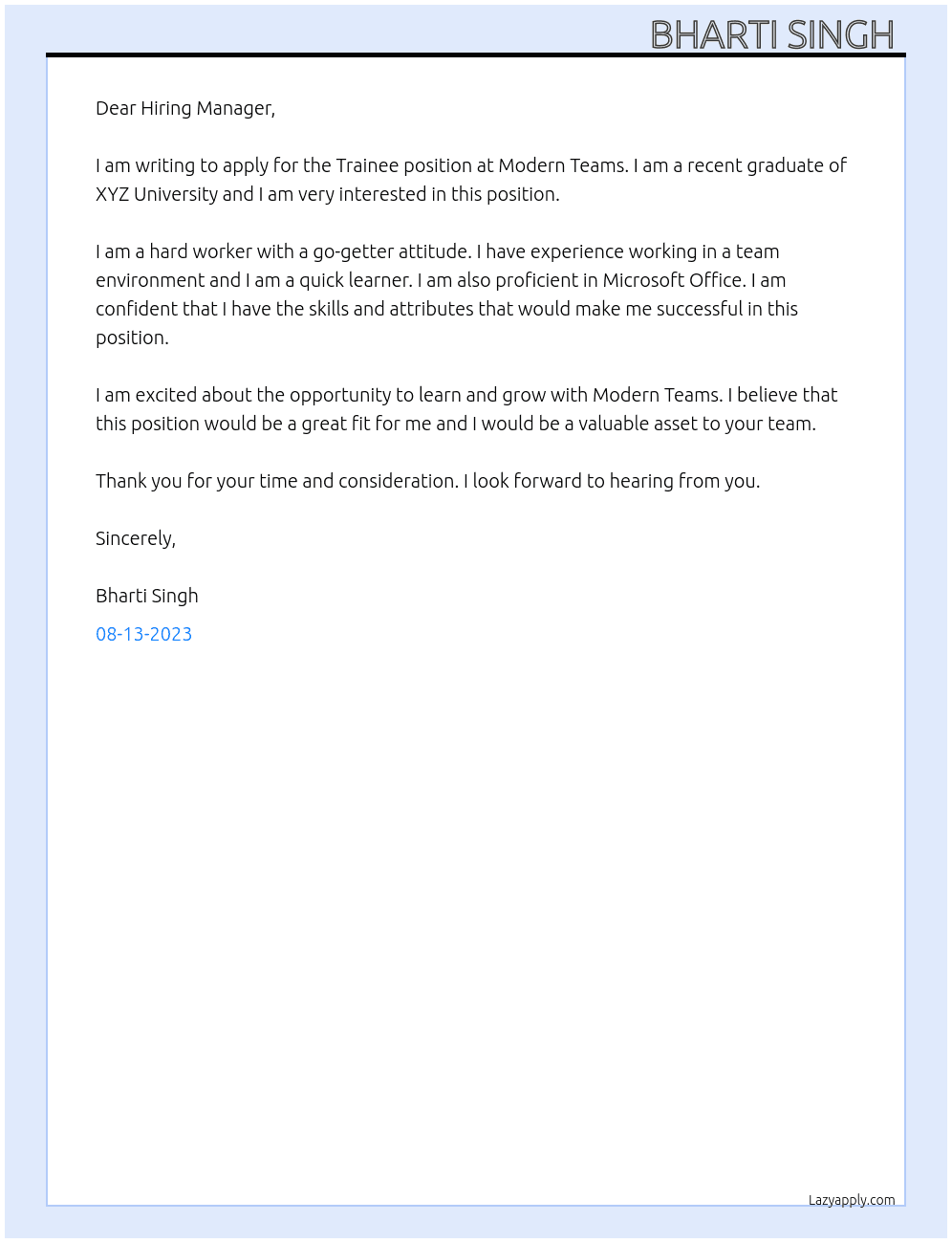 Trainee At Modern teams Cover Letter