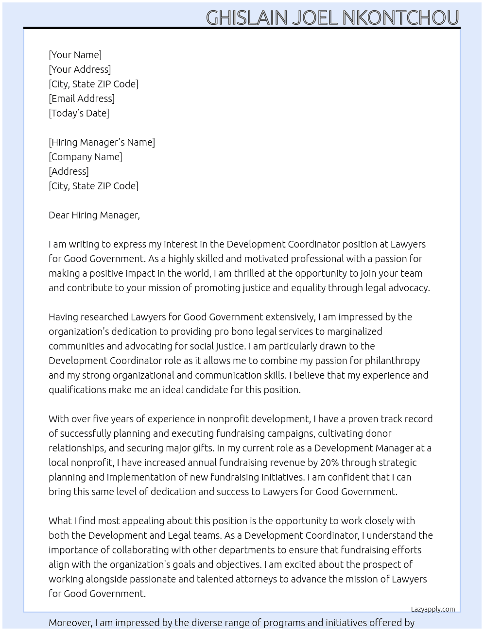 Development Coordinator At Lawyers for Good Government Cover Letter