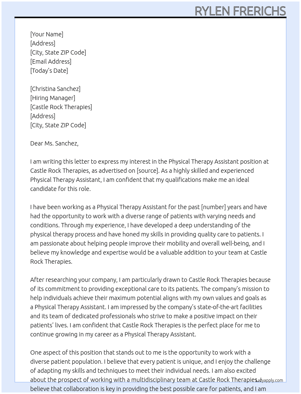 Physical therapy assitant At Castle Rock Therapies Cover Letter