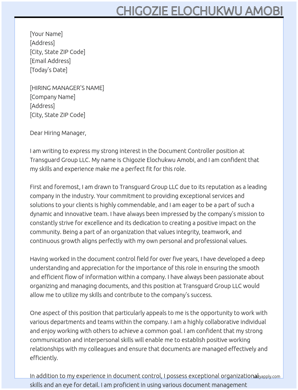 Document Controller At TRANSGUARD GROUP LLC Cover Letter