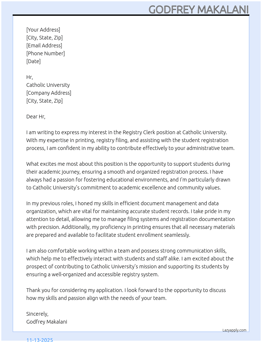 Registry Clerk  At Catholic university  Cover Letter