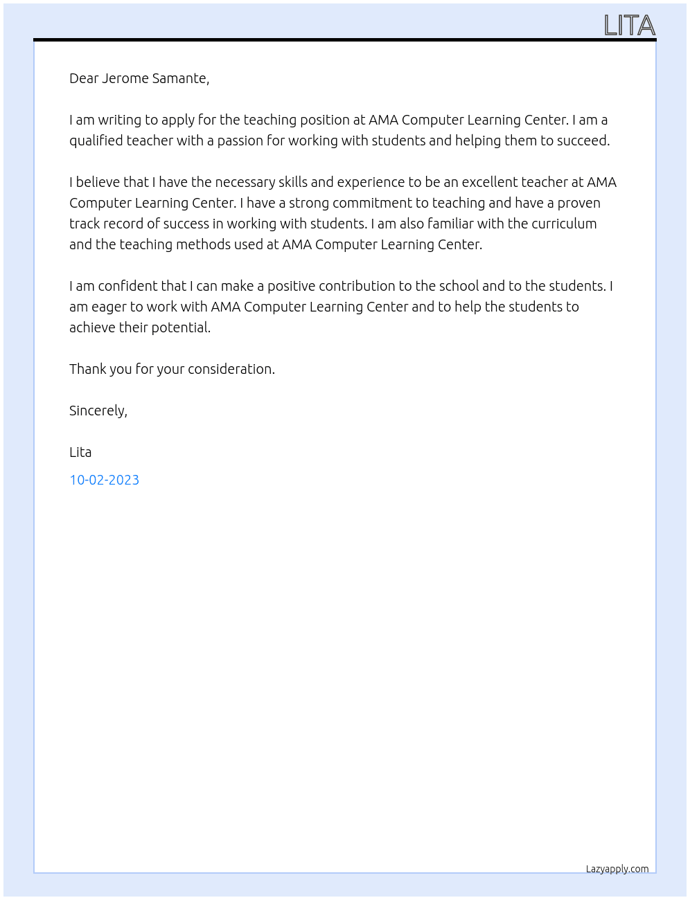Teaching position  At AMA Computer Learning Center Cover Letter