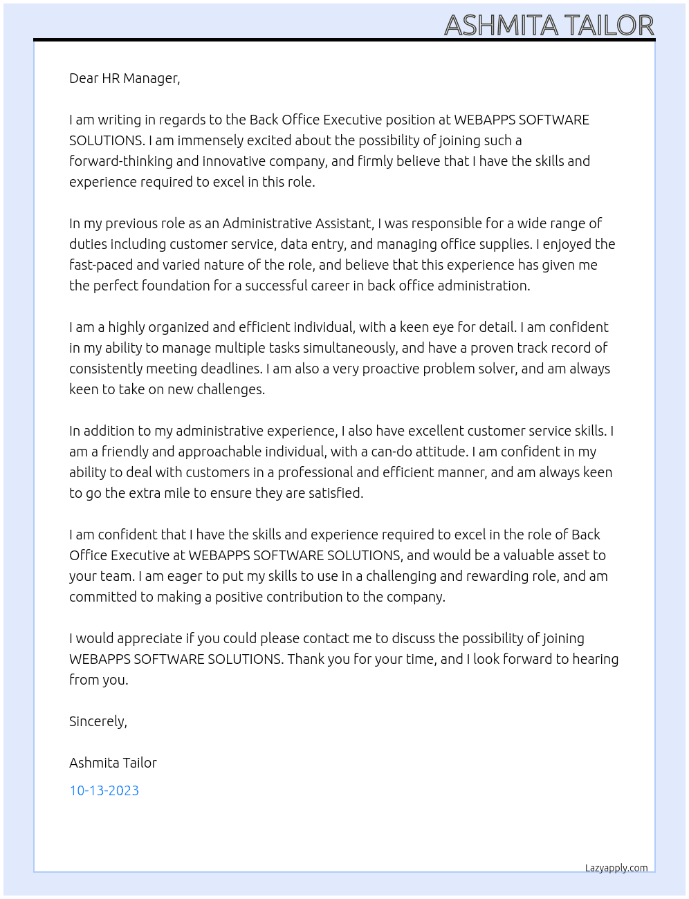 Back Office Executive At WEBAPPS SOFTWARE SOLUTIONS Cover Letter
