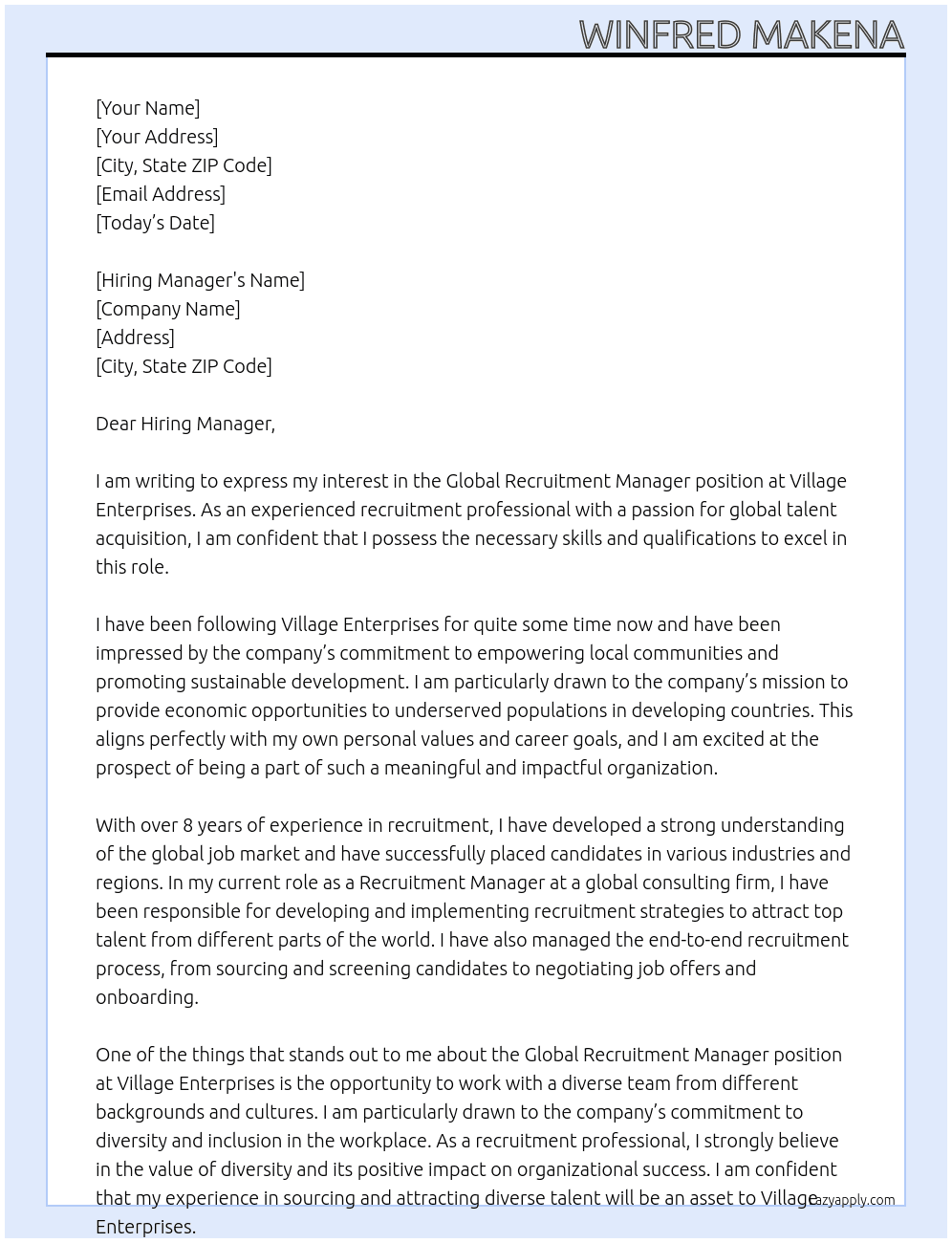 Global Recruitment Manager At Village Enterprises Cover Letter