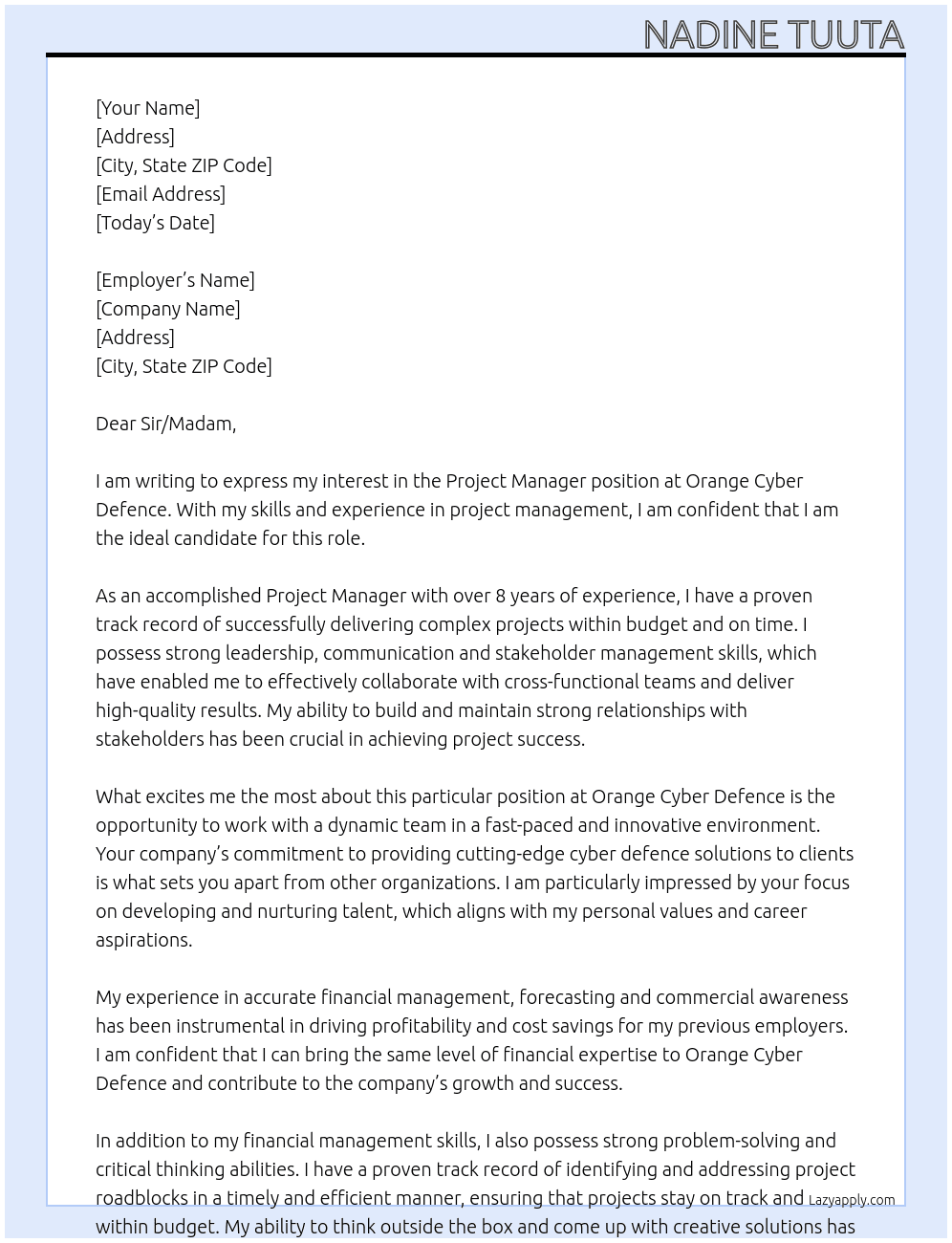 Project manager At Orange Cyber Defence Cover Letter