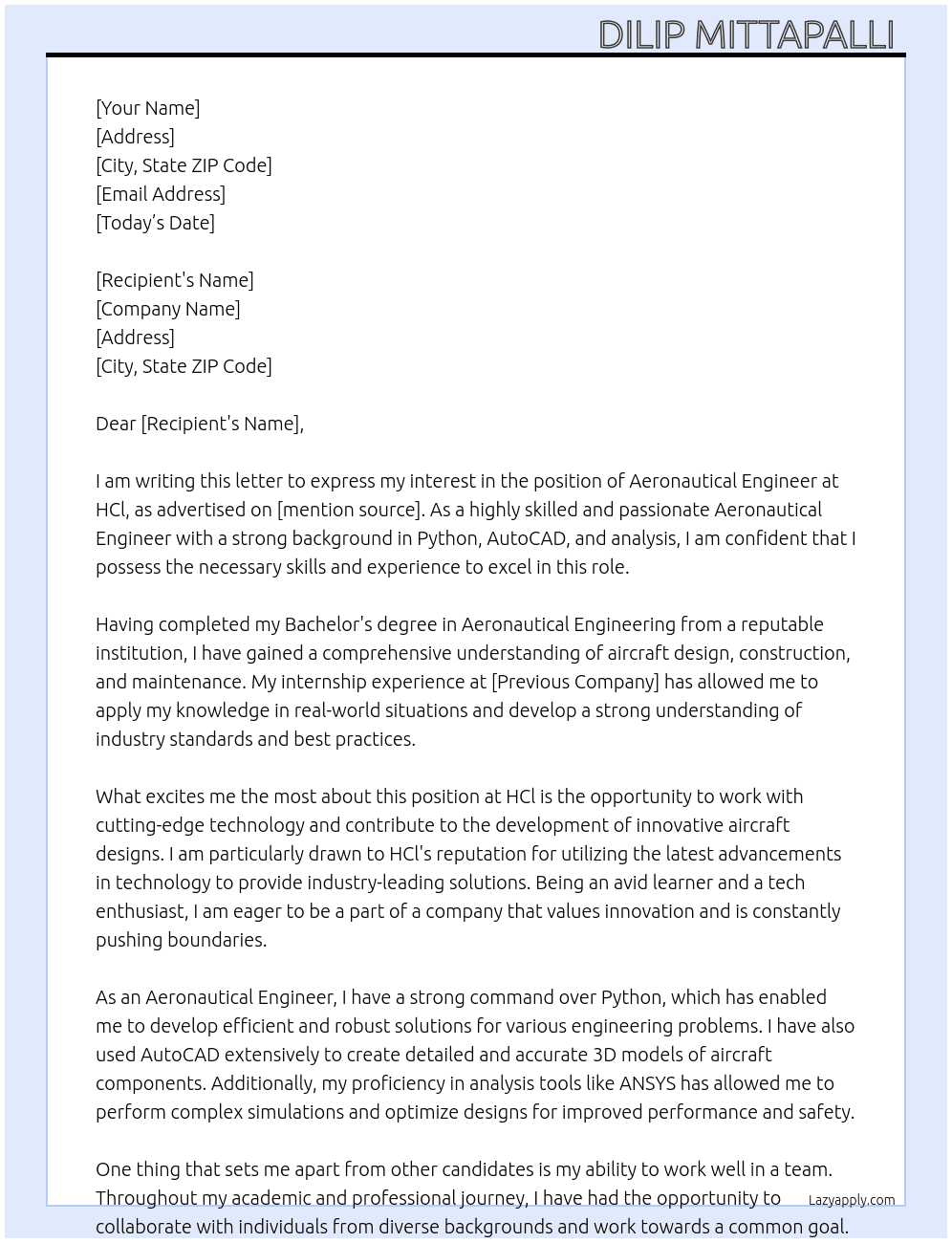 Cover letter for aeronautical engineer - LazyApply