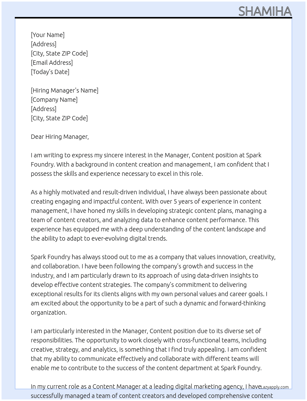 Manager, Content At Spark Foundry Cover Letter
