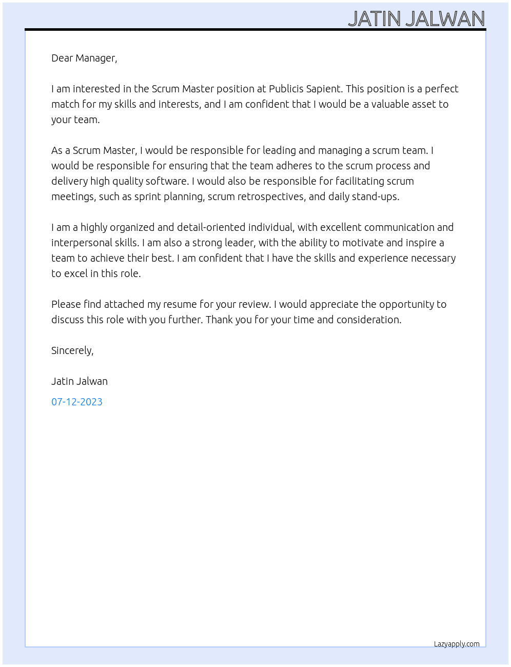 Scrum Master manager At Publicis Sapient Cover Letter