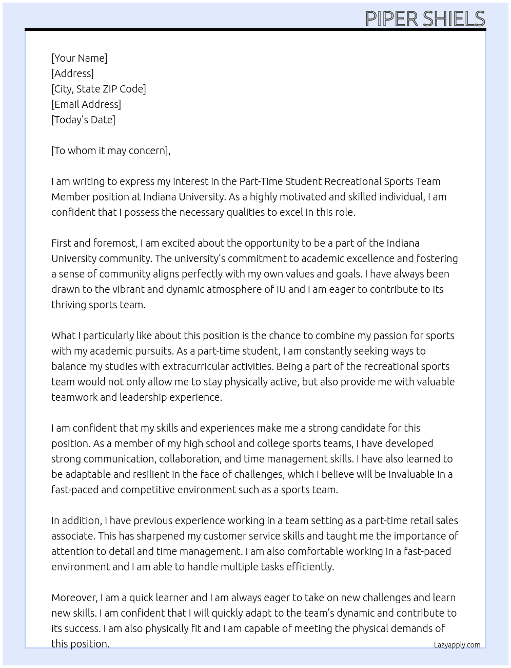 Cover letter for part-time student recreational sports team member - LazyApply
