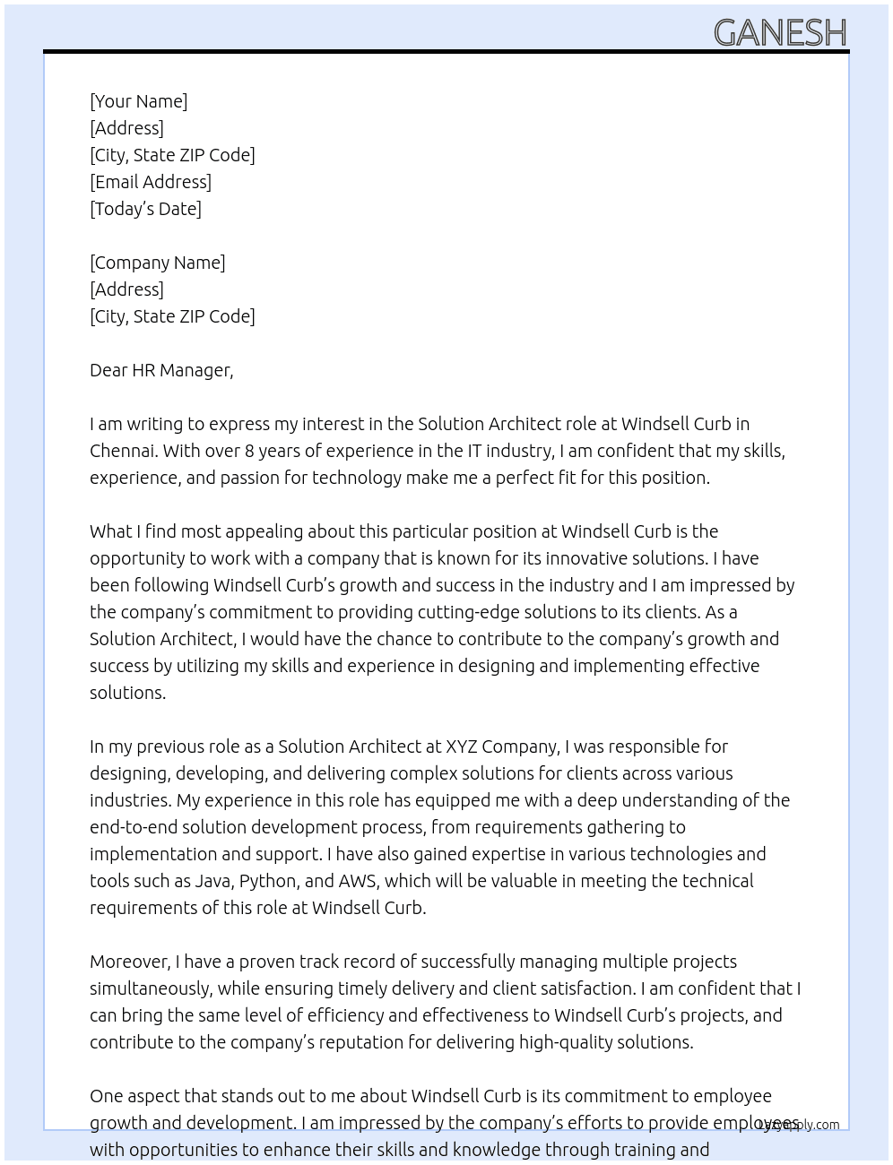 Solution architect At Windsell curb Cover Letter