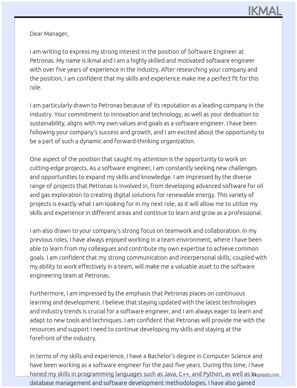 software engineer At petronas Cover Letter