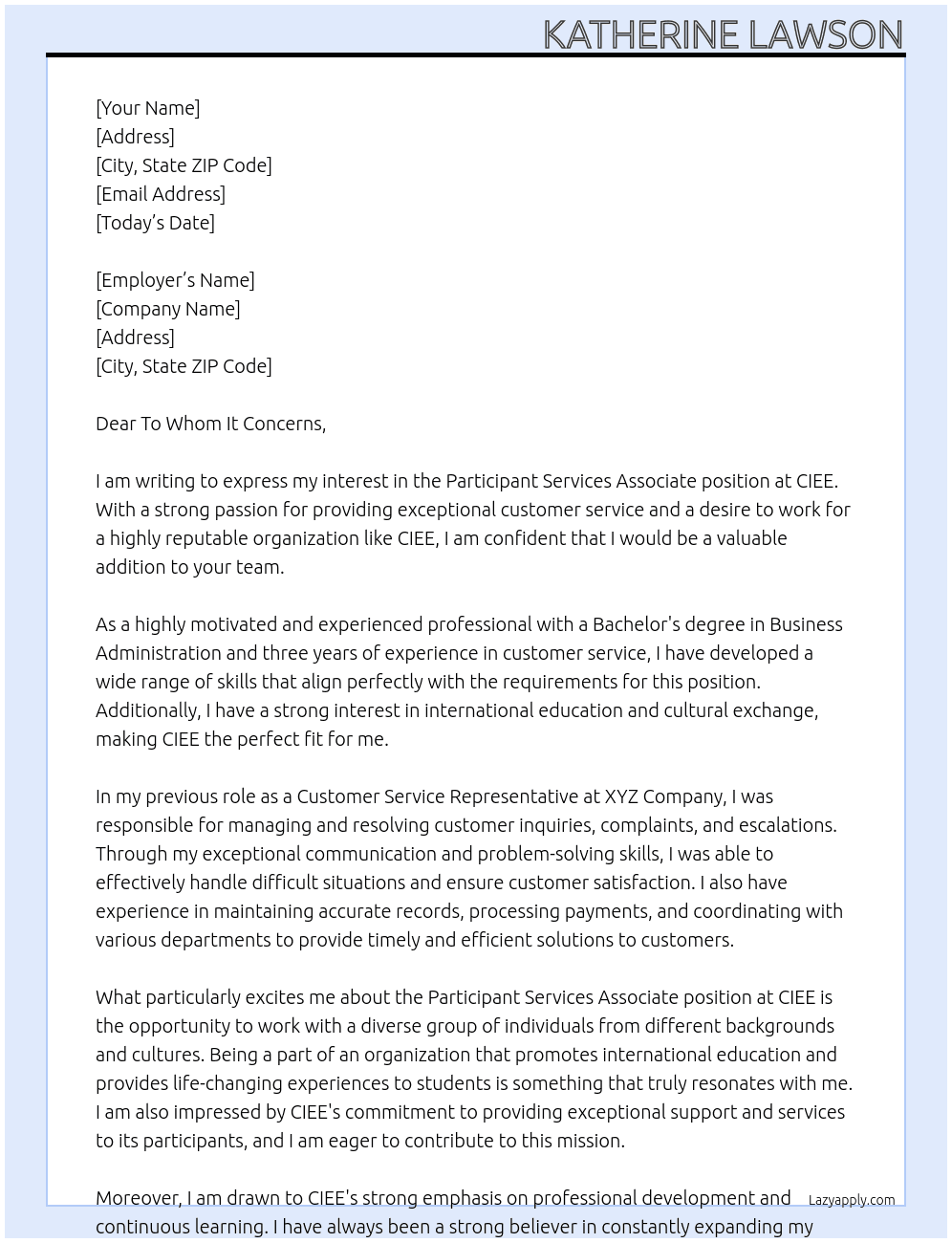 Participant Services Associate At CIEE Cover Letter