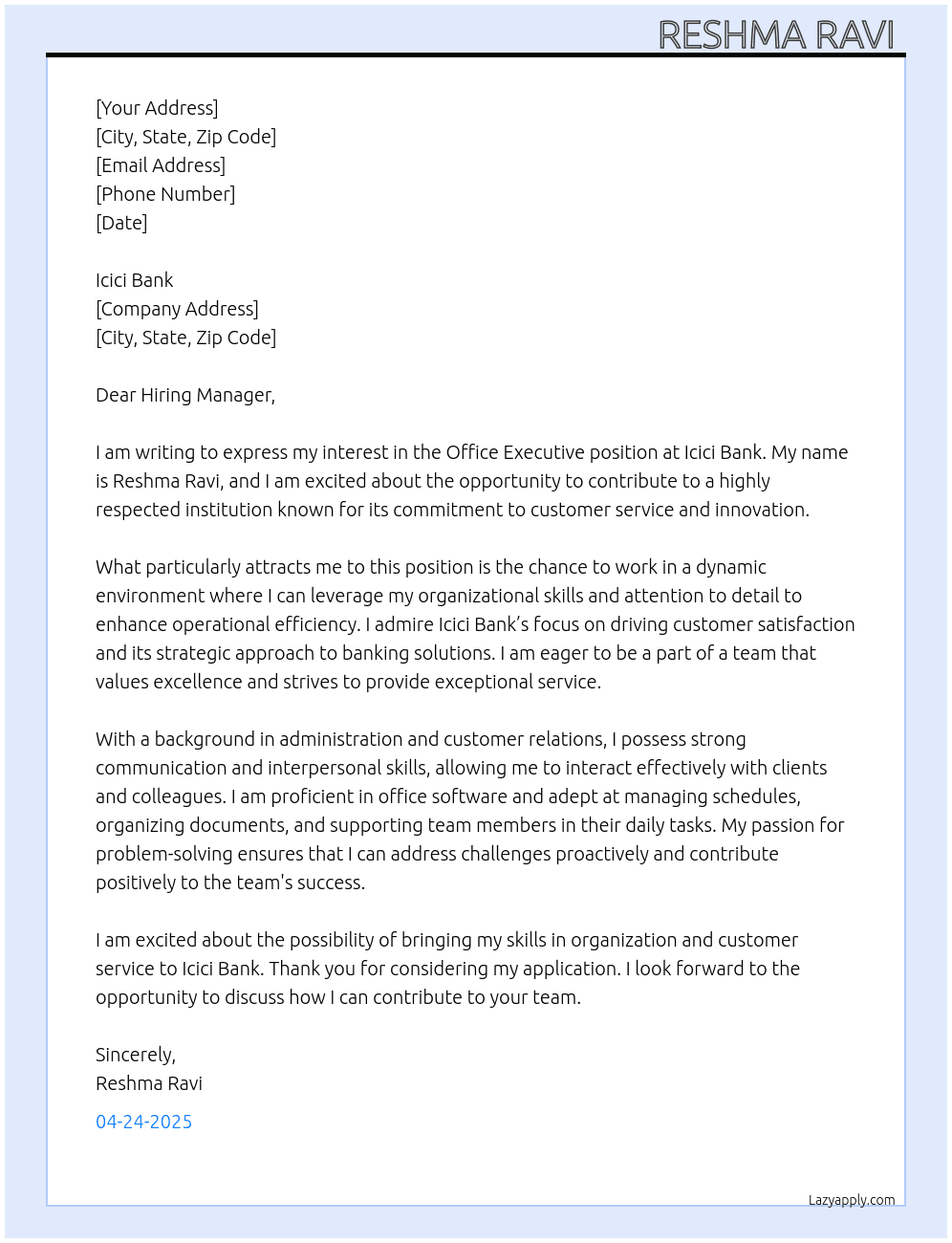 Office executive  At Icici bank Cover Letter