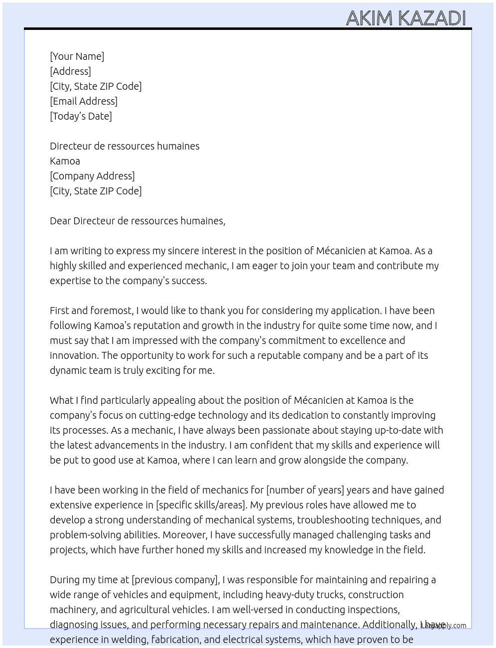 Mécanicien  At Kamoa Cover Letter