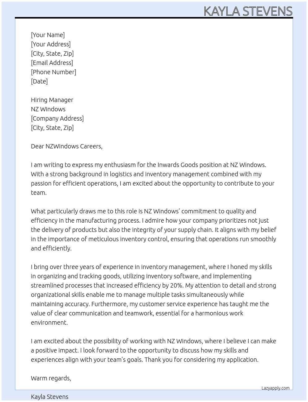Cover letter for inwards goods - LazyApply