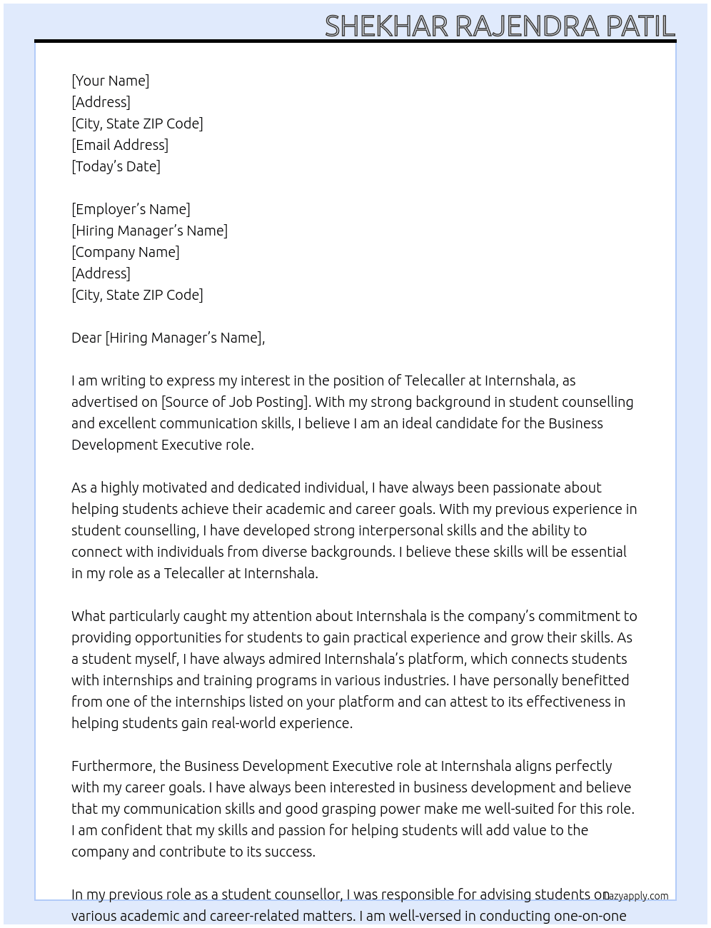 Telecaller At Internshala Cover Letter