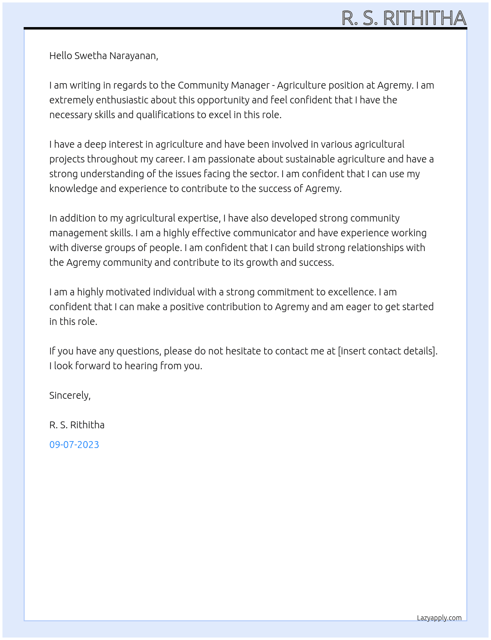 Community Manager - Agriculture At Agremy Cover Letter