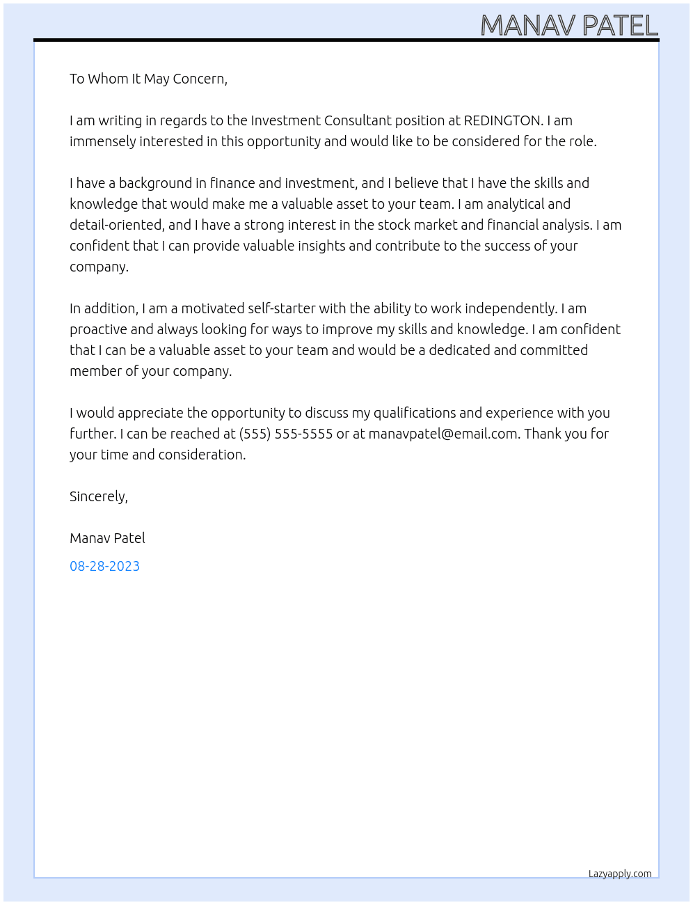 Investment Consultant At REDINGTON  Cover Letter