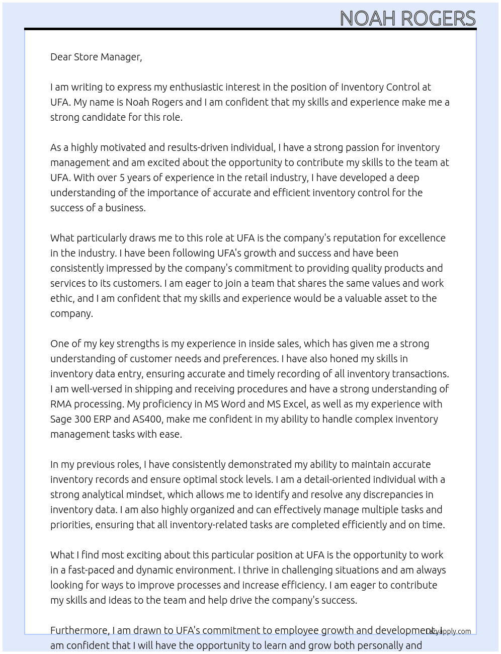 Inventory control  At UFA Cover Letter